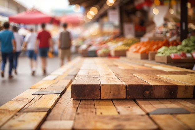 Photo wooden board against a defocused outdoor market