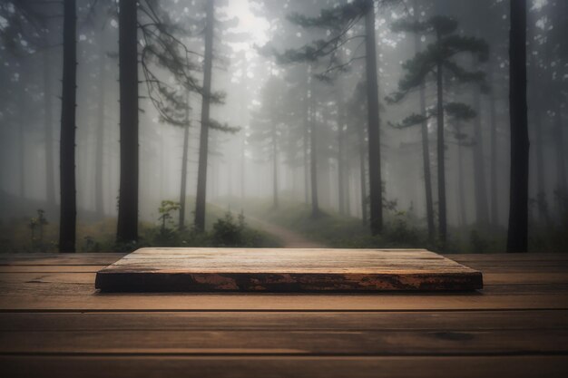 Photo a wooden board against a foggy forest mystery and suspense products