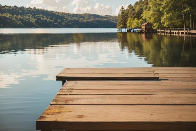 A wooden board against a serene lakeside setting with a dock