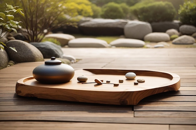 A wooden board against a serene zen garden