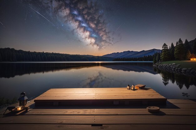 A wooden board against a tranquil lakeside campsite under the stars