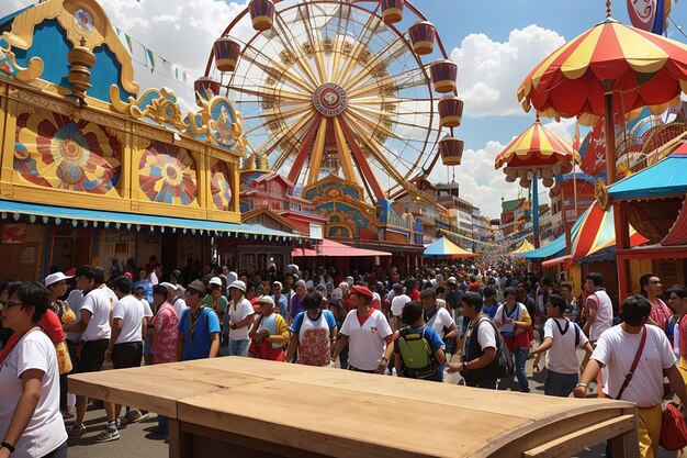 A wooden board against a vibrant bustling carnival