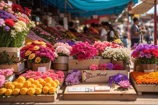 Photo a wooden board against a vibrant flower market floralthemed products