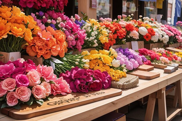 A wooden board against a vibrant flower market floralthemed products