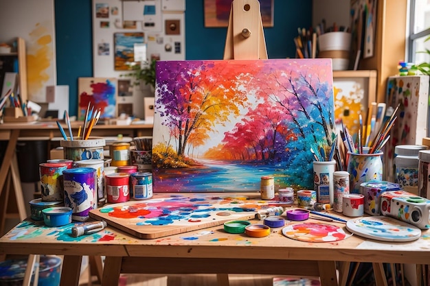 A wooden board in an art studio with vibrant paints and creative artworks