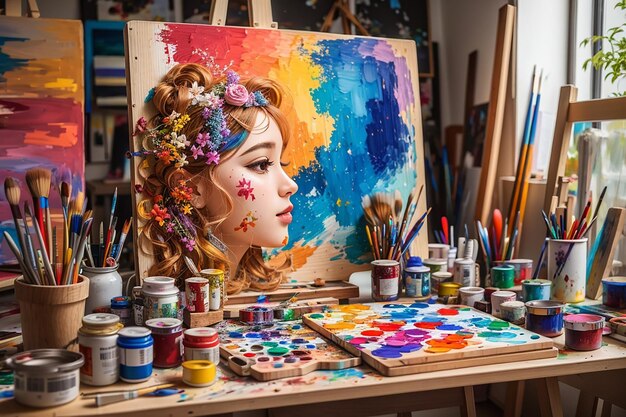 A wooden board in an art studio with vibrant paints and creative artworks