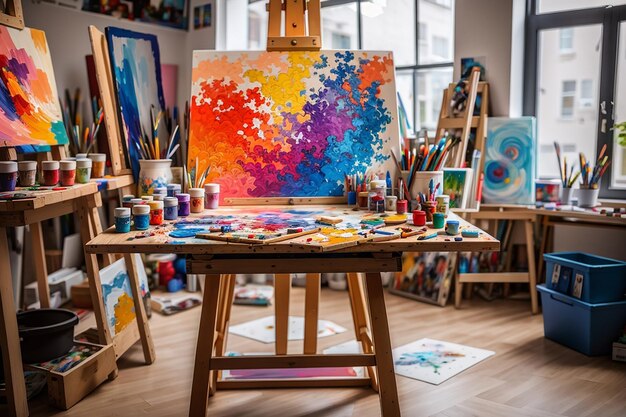 A wooden board in an art studio with vibrant paints and creative artworks