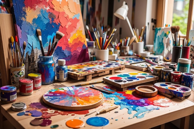 A wooden board in an art studio with vibrant paints and creative artworks