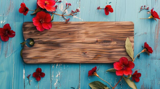 Photo wooden board on blue background with red flowers copy space clean background