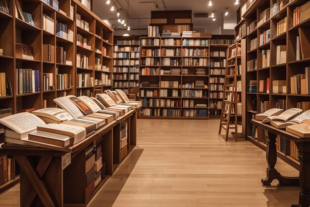 A wooden board in a bookstore with rows of books and literature