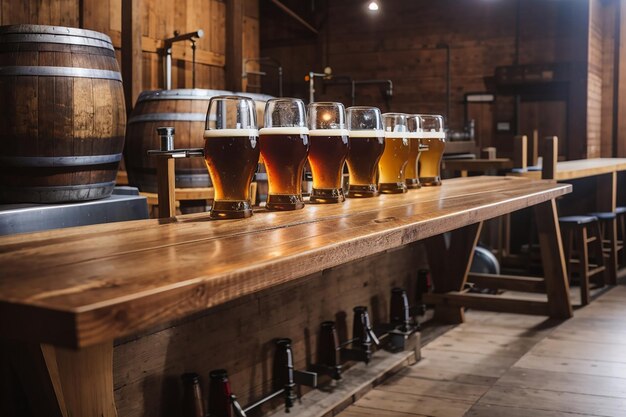 A wooden board in a brewery with barrels and beer taps