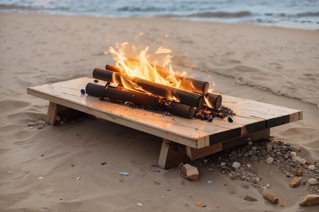 Wooden board by a bonfire on the beach