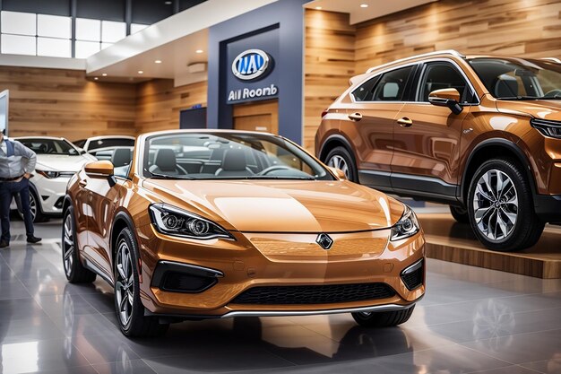 A wooden board in a car dealership with new and shiny vehicles on display