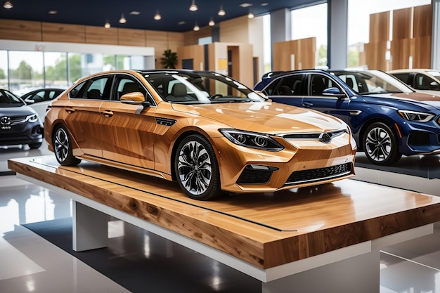 A wooden board in a car dealership with new and shiny vehicles on display