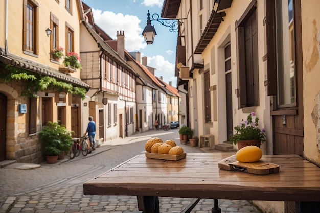 A wooden board in a charming oldworld European town