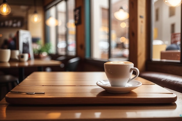 A wooden board in a cozy cafe with blurred coffee cups for a coffee shop ad