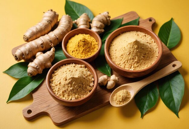 A wooden board displaying fresh ginger roots and leaves accompanied by a bowl of dried powder