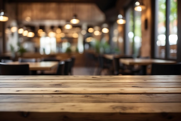 Wooden board empty table in blur cafe background