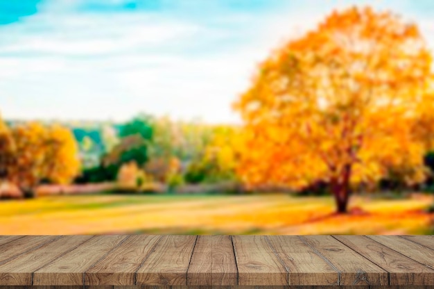 ディスプレイ製品に使用される木の板の空のテーブルぼやけた秋の背景