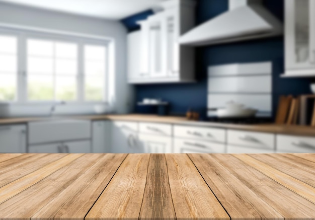 Wooden board empty table blurred background in big white kitchen