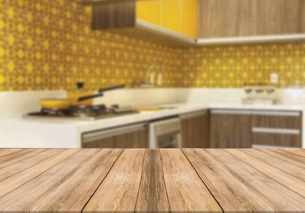 Wooden board empty table blurred background modern kitchen