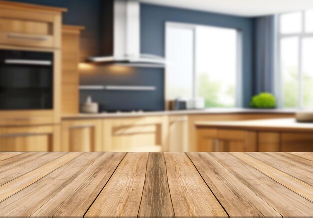 Wooden board empty table blurred background wooden kitchen