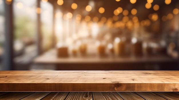 Wooden board empty table in front of blurred background Generative Ai