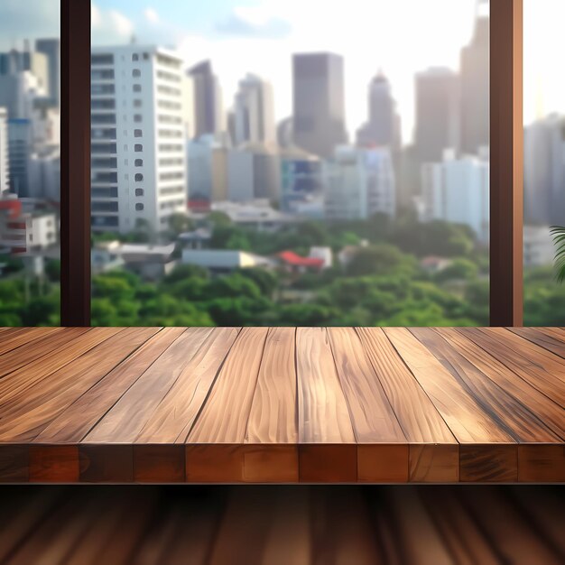 Wooden board empty table in front of blurred background Perspective brown wood over blur in coffee