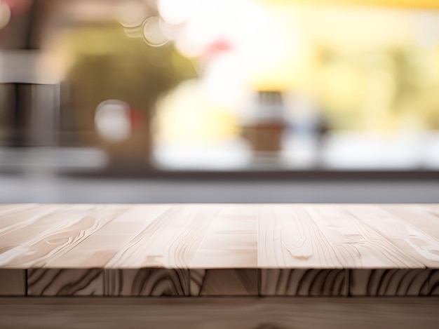 Photo wooden board empty table in front of blurred background