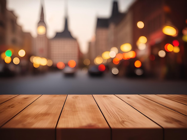 wooden board empty table in front of blurred background