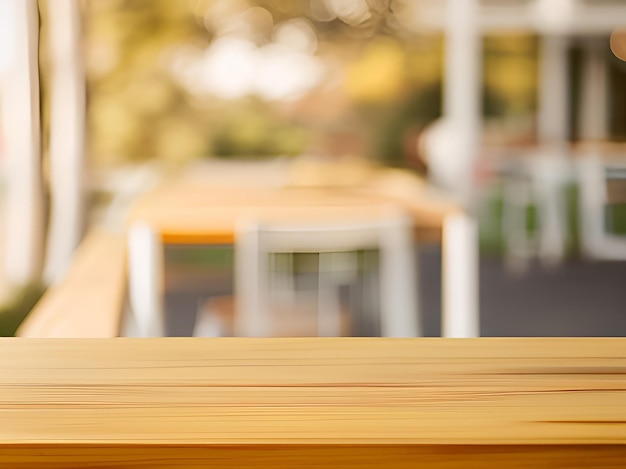 ぼんやりとした背景の前に木製ボードの空のテーブル