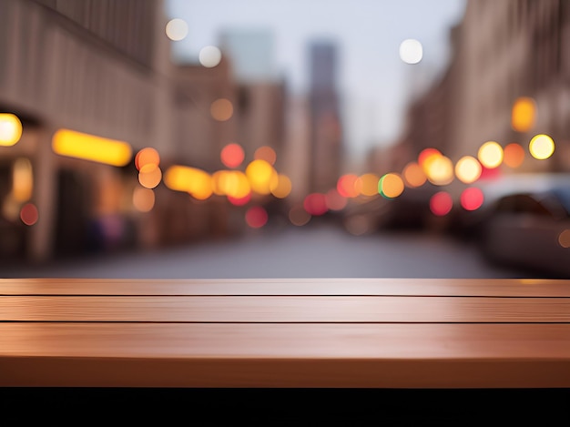 wooden board empty table in front of blurred background