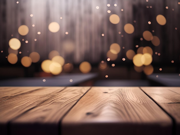 wooden board empty table in front of blurred background