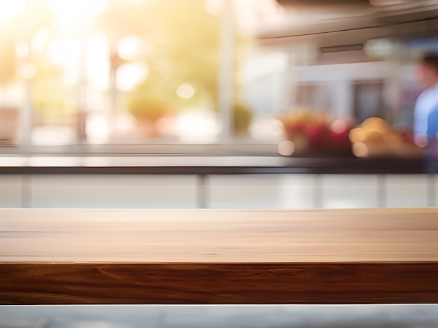 wooden board empty table in front of blurred background