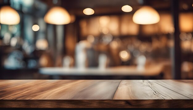 Wooden board empty table in front of blurred background