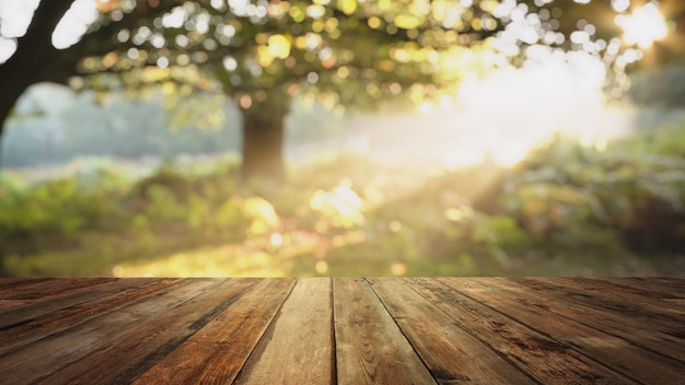 Wooden board empty table in front of blurred background