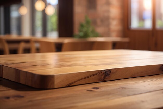 Wooden board empty table in front of blurred background