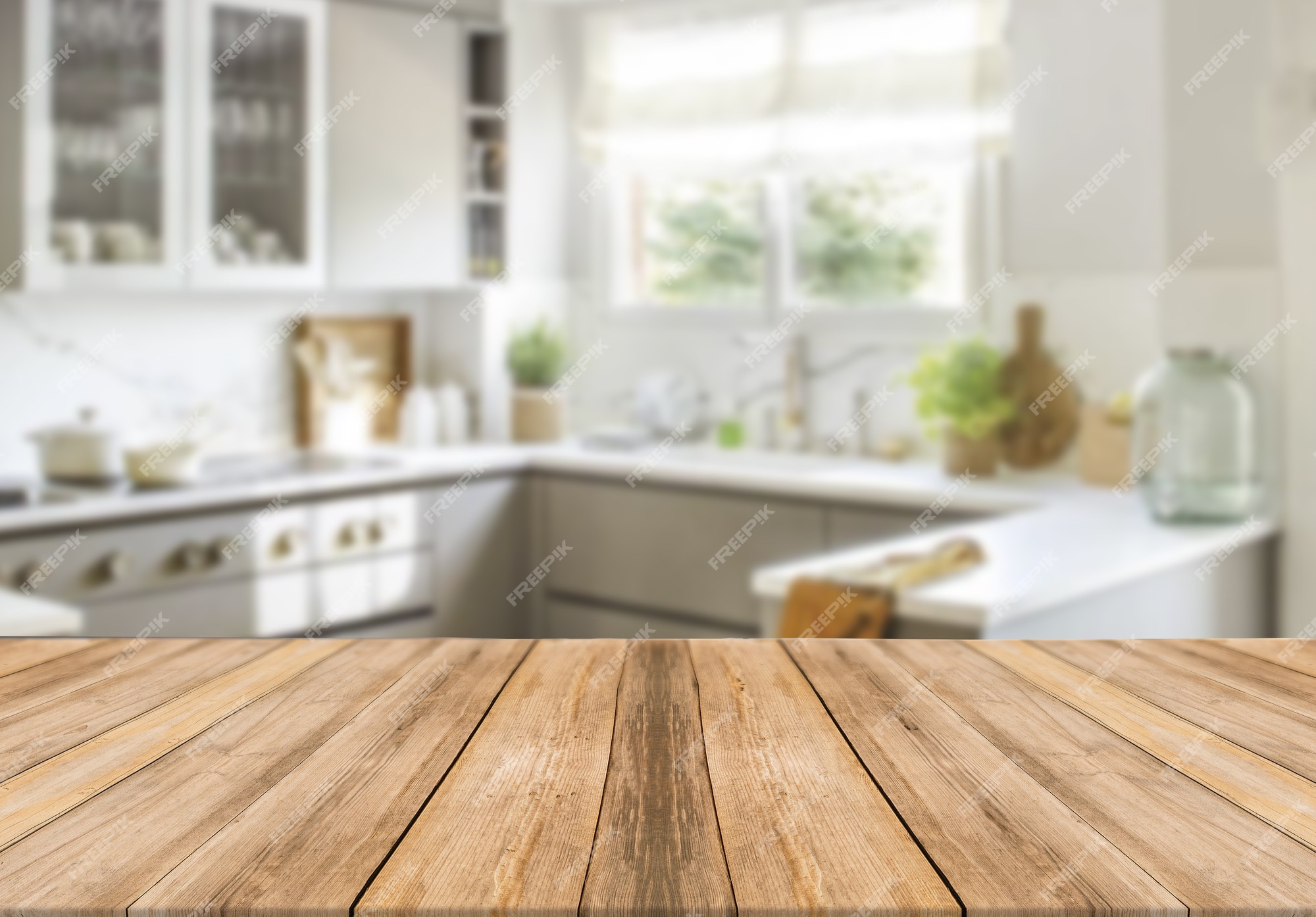 empty wooden table and blurred kitchen background