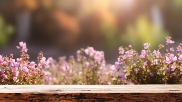 Wooden board empty table top and blur flower garden background