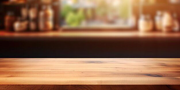 木の板の空のテーブル トップとぼかしの背景の上にインテリアをぼかし