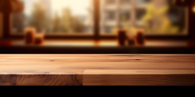 Wooden board empty Table Top And blur Interior over blur Background