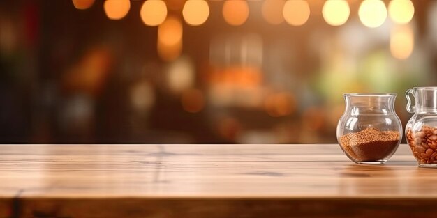 wooden board empty table top and blur interior over blur background