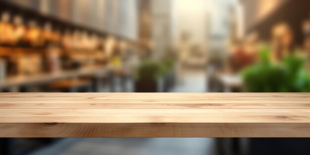 Photo wooden board empty table top and blur interior shop