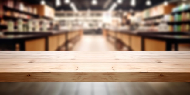 Wooden board empty table top and blur interior shop