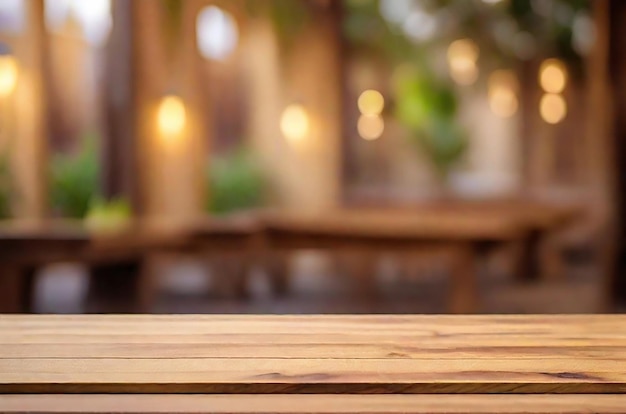 Wooden board empty table top on of blurred background ai generated photo