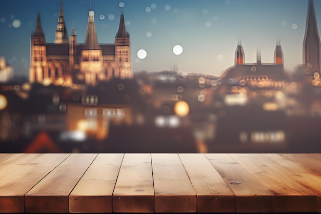 Wooden board empty table top blurred background perspective brown wood table over blur city buildin