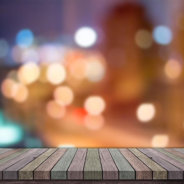 Photo wooden board empty table top on of blurred background