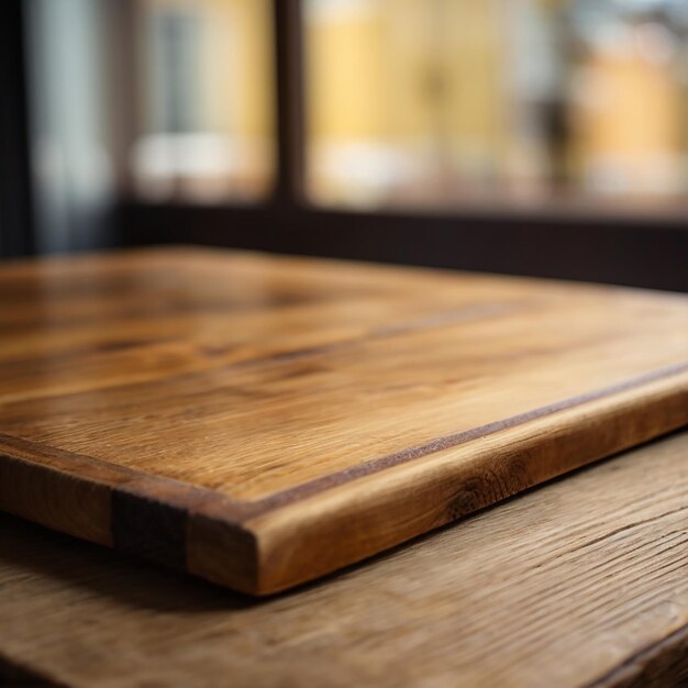 Wooden board empty table top on of blurred background