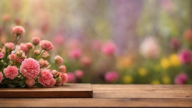 Wooden board empty table top on of blurred Flower background