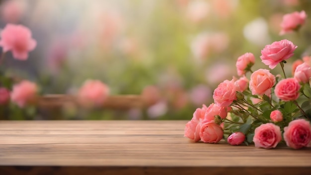 Wooden board empty table top on of blurred Flower background